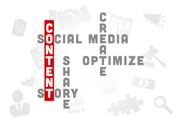 Wall Mural - content concept. illustration with text and icons, crossword puzzle on a white background