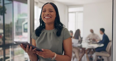Aufkleber - Digital marketing, tablet or woman on the internet for networking, surfing or online content research. Communication, social network or happy worker with branding or advertising ideas in office room