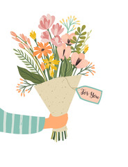  Isolated llustration bouquet of flowers in hand. Vector design concept for Valentines Day and other.