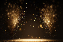 Light In The Dark, Golden Confetti Rain On Festive Stage With Light Beam In The Middle, Empty Room At Night Mockup With Copy Space For Award Ceremony, Jubilee, New Year's Party Or Product