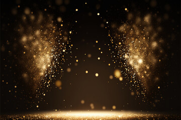 light in the dark, golden confetti rain on festive stage with light beam in the middle, empty room at night mockup with copy space for award ceremony, jubilee, New Year's party or product