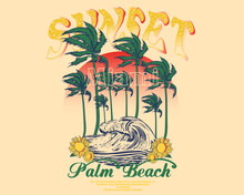 Summer Beach T Shirt, Palm Beach With Miami Sunset, Tropical Sunset. Surf And Beach. Vintage Beach Print. Tee Graphic Design