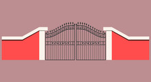 The Forged Entrance Gate Is Made Of Pink Cement Wall. Cast Iron Forging With Roundings And Spikes. Vector Illustration. A Large Metal Door As An Entrance Gate.