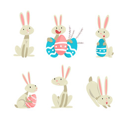 Poster - Funny Easter Bunny with Long Ears and Grey Coat with Decorated Eggs Vector Set