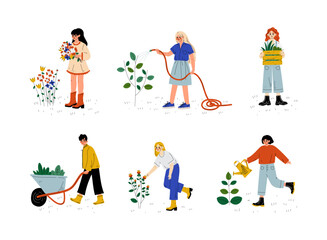 Sticker - Man and Woman Working in Garden Growing and Cultivating Plant Vector Set