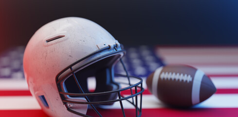 Wall Mural - white football helmet and football ball  on america flag, 3d rendering