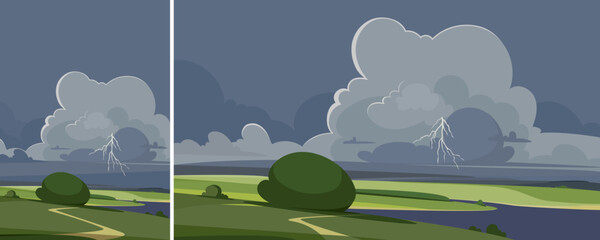 Wall Mural - Landscape with thunderstorm. Natural scenery in different formats.