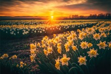Amazing Sunset Over The Field Of Beautiful Yellow Wild Daffodils. Blooming Narcissus In Spring