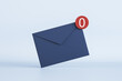 No messages or notification concept with front view on dark blue email paper envelope with white zero in red circle on the corner on light background. 3D rendering