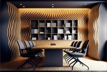 Boardroom Interior With Wave Pattern Wall, Wooden Floor, Long Table With Chairs And Rows Of Shelves With Folders In Them. Front View