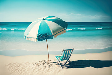 Beautiful sandy beach  with beach chair and umbrella in the sand. Summer holiday and vacation concept for tourism. Inspirational tropical landscape. Digital artwork