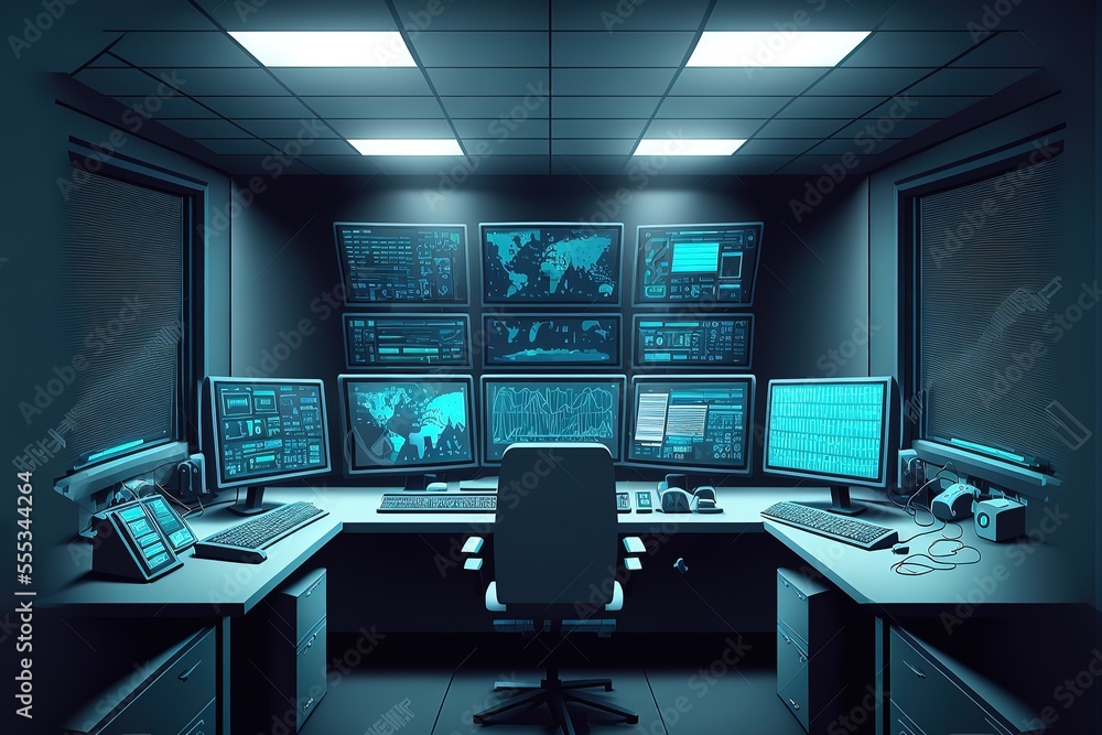 Empty interior of big modern security system control room, workstation with multiple displays, monitoring room with at security data center Empty office, desk. Generative AI