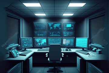 Empty interior of big modern security system control room, workstation with multiple displays, monitoring room with at security data center Empty office, desk. Generative AI