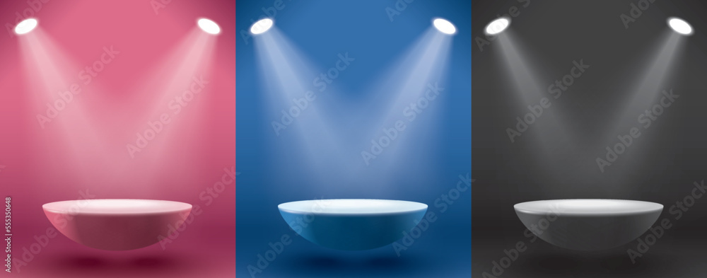 Set of abstract 3D room with realistic cylinder pedestal stand podium ...