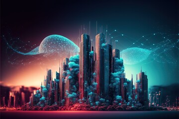 Fototapete - smart city at night, application development concept, smart city, Internet of things, smart life, information technology, gradient grid line. AI