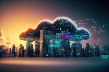 Fototapete - smart city at night, application development concept, smart city, Internet of things, smart life, information technology, gradient grid line. AI