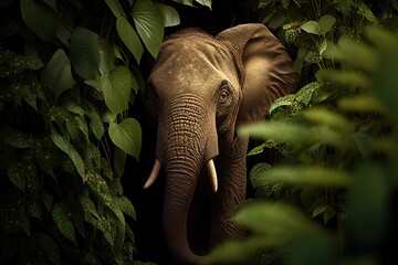 Photorealistic portrait of the elephant hiding in the jungle foliage. Generative art