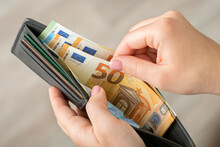 Female takes euro banknotes out of the wallet. Counting money, business affairs, income, money concept