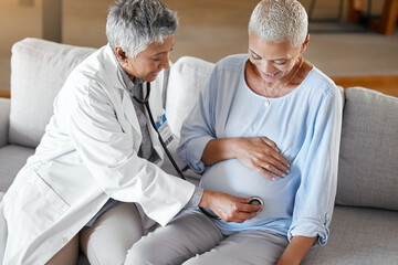 Pregnant, consulting and doctor with woman on a sofa for medical checkup, health and exam during home visit. Healthcare, pregnancy and senior ivf fertility expert doing wellness check in hospital