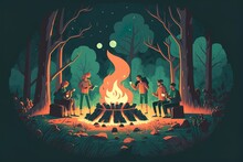 At The Campfire, Everyone Is Laughing While Recounting Terrifying Tales. A Group Of People Sharing A Campfire At Night During The Summer Is Illustrated Here In Flat Form. Generative AI