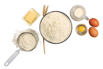 Collection of baking ingredients, flour, milk and eggs