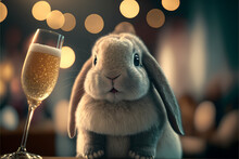 Portrait Of A Happy Smiling Rabbit Bunny Celebrating Chinese New Year Eve With A Glass Of Champagne, Illustration Ai Digital Art Style