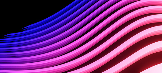 Wall Mural - Neon pink blue abstract flowing bands, virtual background, digital technology, science or data concept, futuristic retro wave visualization 3D render illustration