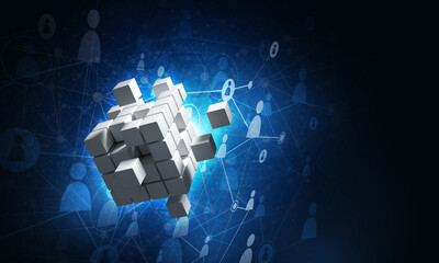 Wall Mural - concept of internet and networking with digital cube figure on dark background