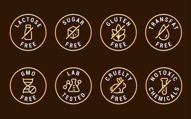 Lactose free, Sugar free, Gluten free, GMO and Allergen free icons set vector illustration for labels, seals, badges, food packaging and promotional designs.