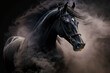 portrait of a black horse in the smoke, black, dark, mysterious, stallion, move,generative ai