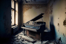 Grand Piano In A Abandoned Destroyed Room, Left House, Spooky Mystical Mood, Generative Ai