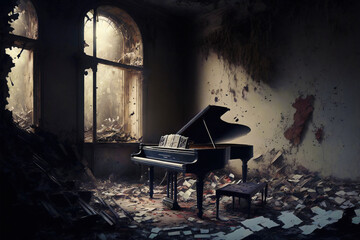 grand piano in a abandoned destroyed room, left house, spooky mystical mood,generative ai