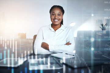 Aufkleber - Stock market overlay, business woman portrait and fintech chart graphic happy about investment growth. Accounting, finance and crypto currency black woman employee proud of digital trading success