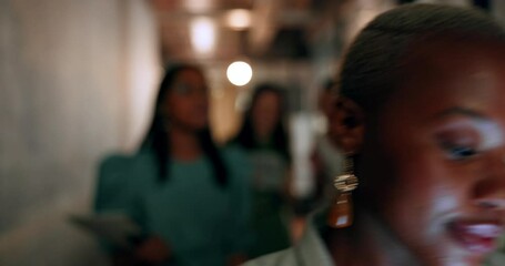 Aufkleber - Night, tablet and business people walking in office after finishing work task. Overtime, tech and black woman with group of friends going home after working late on sales project in dark workplace.