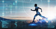 Hologram, athlete and running for wellness, exercise for healthy lifestyle and track heart rate. Male, futuristic and runner with digital sports, double exposure for marathon and fitness training.