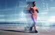 © C Malambo/peopleimages.com - Exercise, fitness and black woman running with futuristic hologram, overlay or double exposure for cardio health. Wellness, sports and female runner with ai for pulse or time for training or workout.