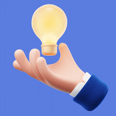 3d cartoon hand held light bulb on blue background. Thinking, good idea and business success creative concept. 3D Rendering illustration.