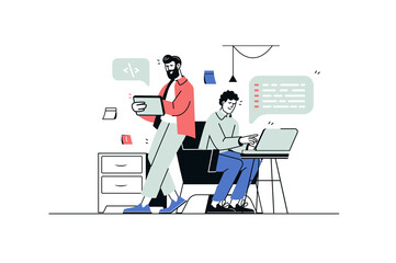 Software developers concept in flat line design. Man programmers work with code in office, optimize and test programs, collaborate on project. Illustration with outline people scene for web