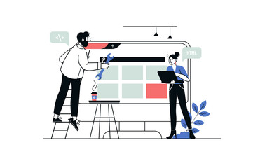 Web development concept in flat line design. Man and woman create and optimize interface of website, places navigation buttons and settings. Illustration with outline people scene for web