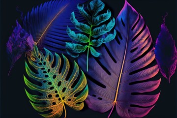 Wall Mural - Multicolored tropical leaves backlight neon. Abstract background with palm and tropical leaves, neon. AI