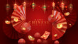 3d realistic chinese new year ornaments with light effect decorations and bokeh on red background.
