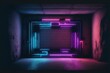 Dark night room with brick walls with neon illumination, metal pipes on the walls, a passageway, a tunnel in the wall. AI