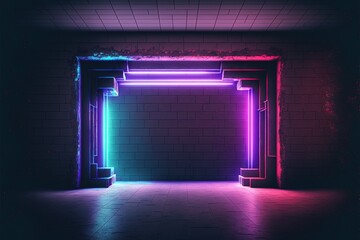 Wall Mural - dark night room with brick walls with neon illumination, metal pipes on the walls, a passageway, a t