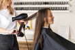© Виктория Попова - The hairdresser dries the client's hair with a hair dryer and styles her hair with a comb.