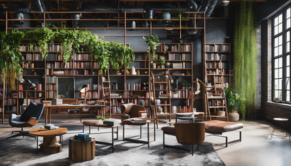 library located in a loft space. the high ceilings and industrial-style architecture give the space 