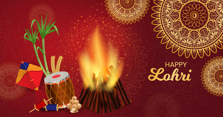 Traditional Happy Lohri Horizontal background. Dhol, Bamboo, harvest, kite and ladoo. Realistic digital graphic. Punjabi festival vector illustration. Website header, invite, promotion, social media