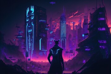 A city of the future where nighttime is futuristic. purple and blue neon lights shine brightly over a metropolis. three dimensional artwork in the cyberpunk genre. Generative AI