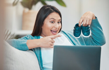 Poster - Woman, laptop and video call, baby shoes and pregnant while talking, excited or virtual communication in home. Happy female, pregnancy or mother with happiness, pointing and video conference in house