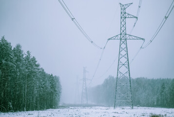 Wall Mural - High voltage electricity power line towers near forest at winter. Snow storm.