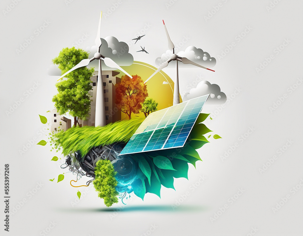 Renewable energy background with green energy as wind turbines and solar panels. Generative AI
